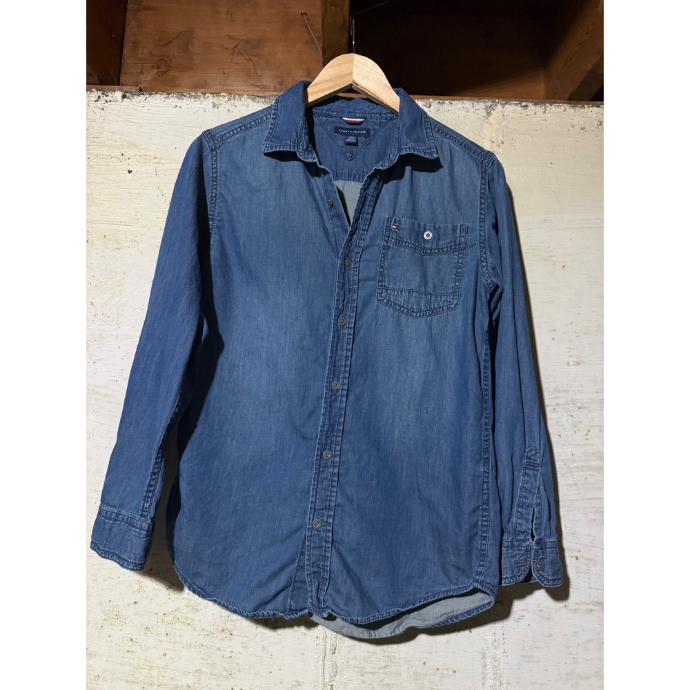 Tommy Hilfiger Women's Large 16-18 Blue Denim Button Down Shirt Long Sleeve Logo